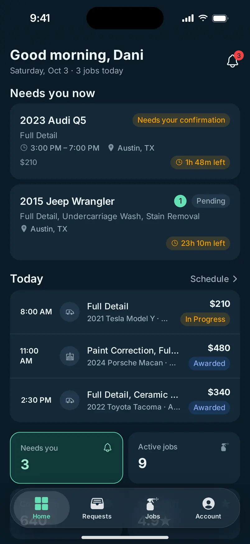 The MotoMynt Pro home screen for Meridian Detail Co.: bookings that need an answer and today's three jobs