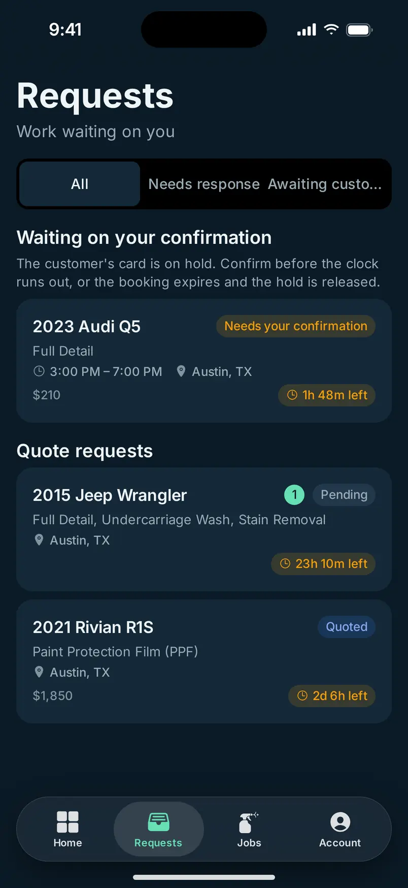 The MotoMynt Pro requests list: a booking waiting on confirmation and two quote requests