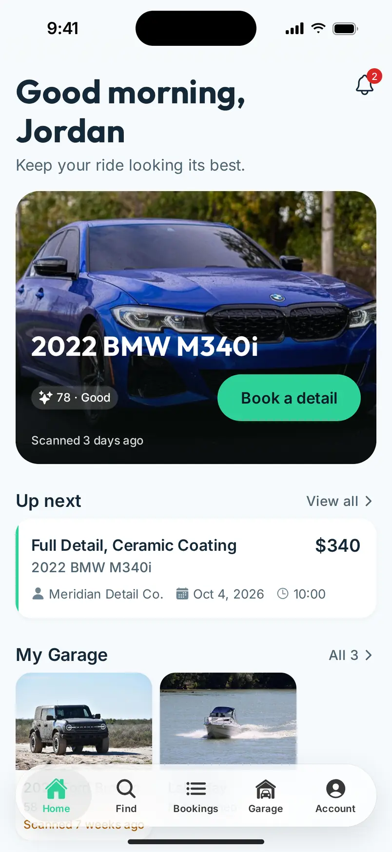 The MotoMynt home screen: Jordan's BMW with its condition score, and tomorrow's Full Detail and Ceramic Coating booking